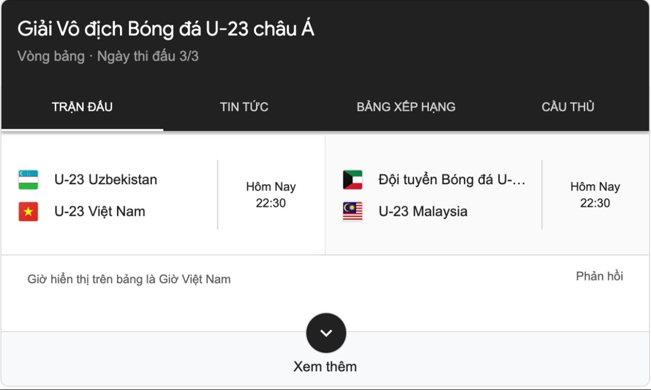 Lịch thi đấu U23 Châu Á hôm nay